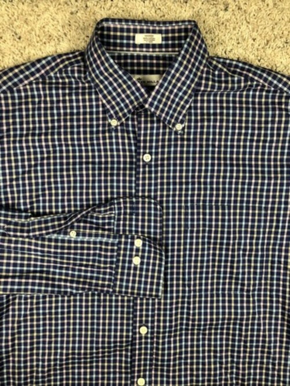 Peter Millar Nanoluxe Men Size M Blue White Pink Check Shirt Long Sleeve Cotton